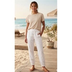 Athleta Cabo Linen Jogger Pants 6P White Elastic Waist Vacation Beach